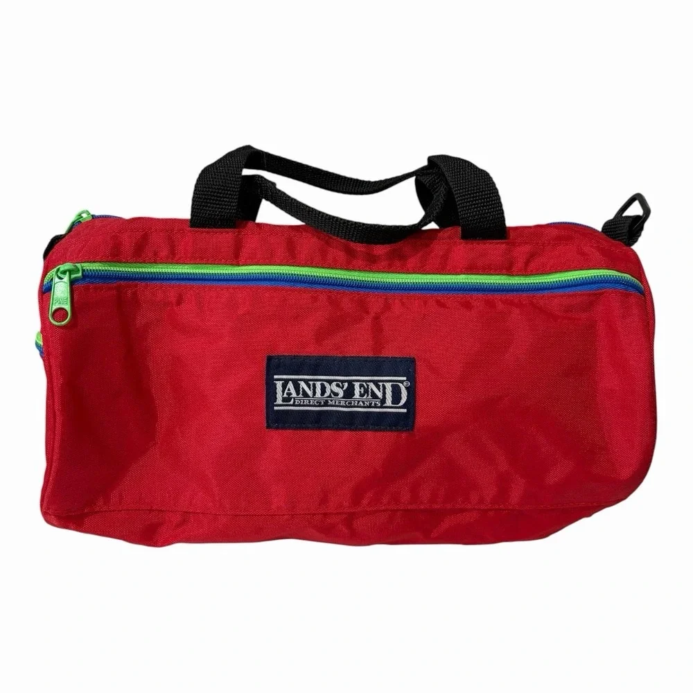 Vintage Land's End Red duffle bag small Vinyl 90s Green Blue Zipper 12